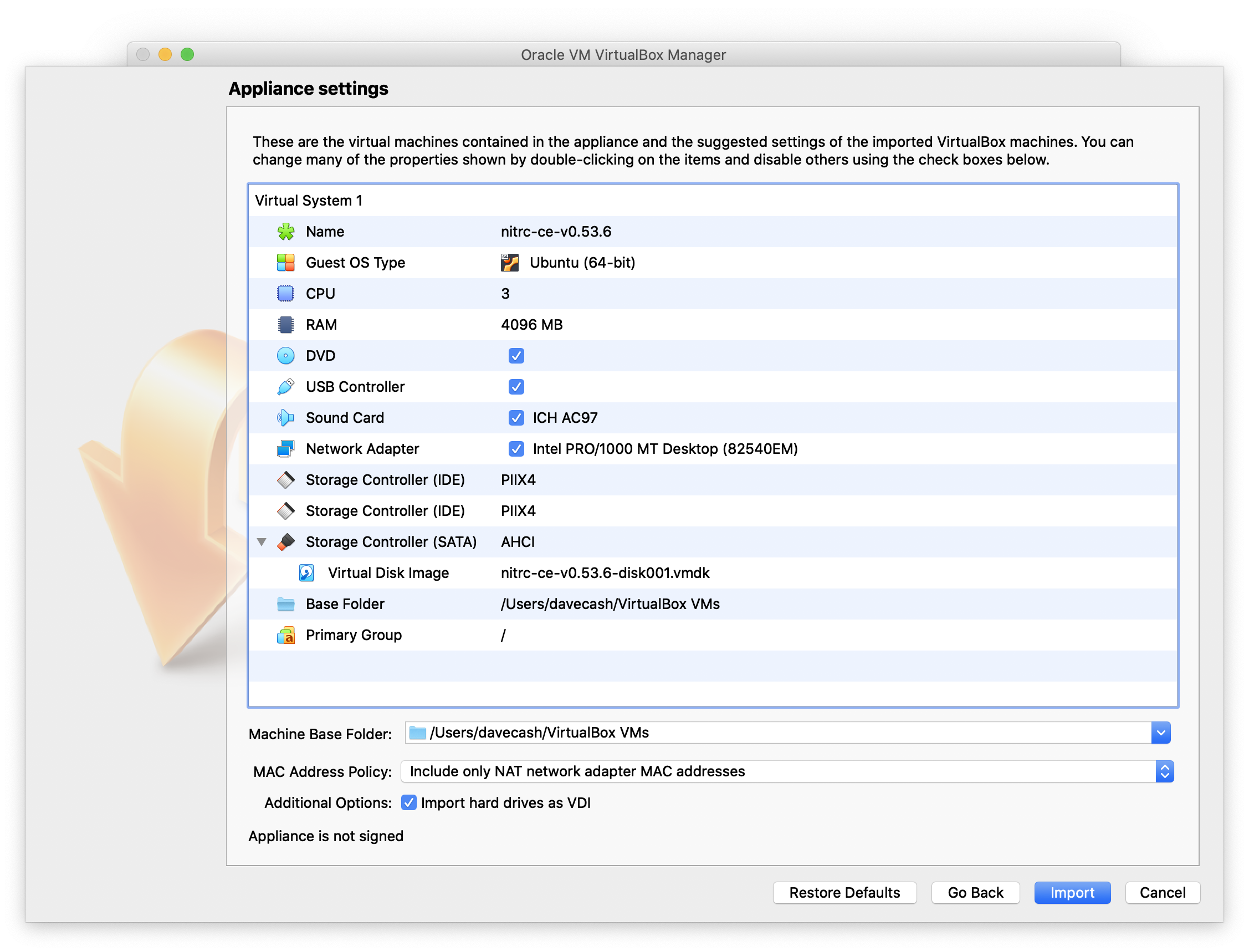 Import VM settings