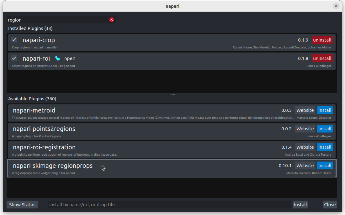 A screenshot of the plugin installation dialog for napari-skimage-regionprops