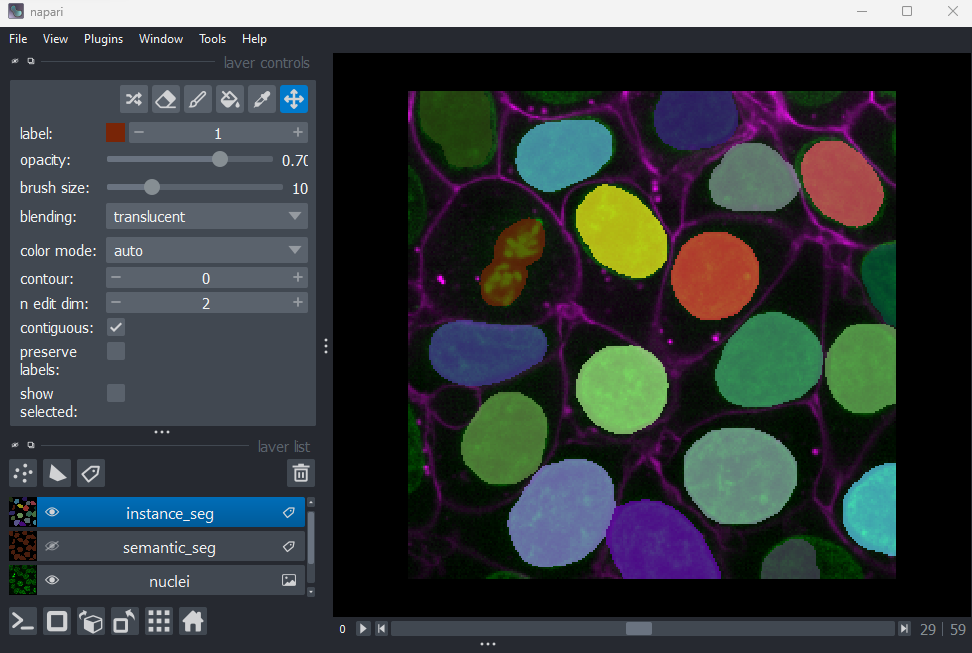 A screenshot of a rough instance  segmentation of nuclei in Napari