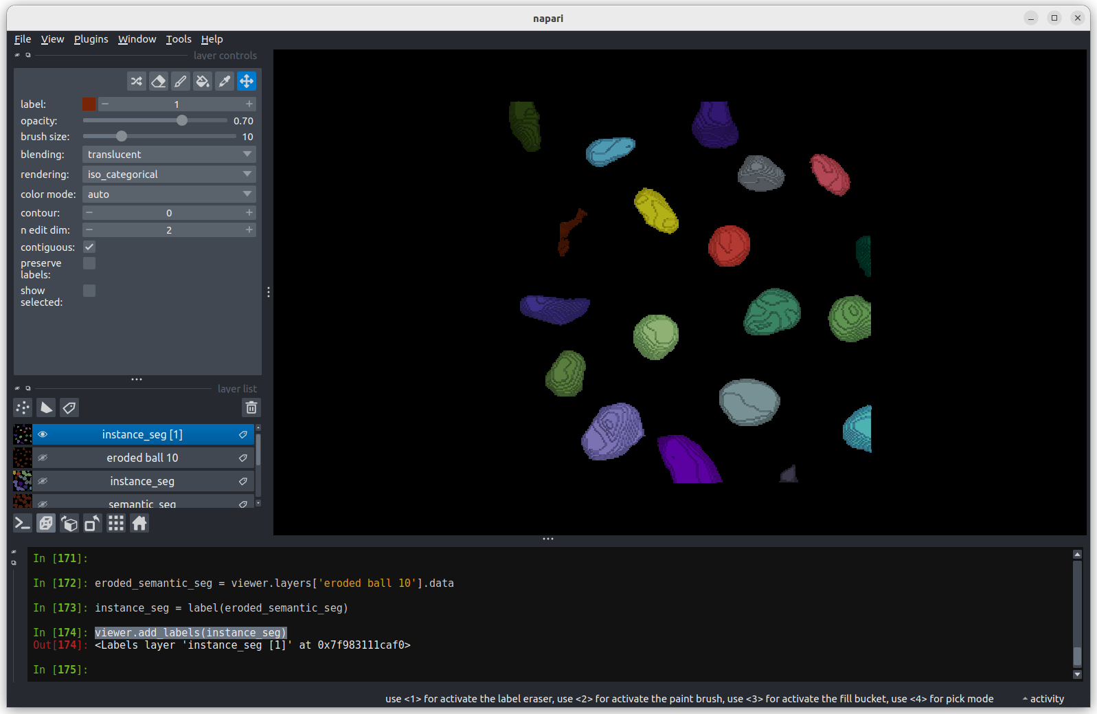 Instance segmentation on the eroded segmentation mask