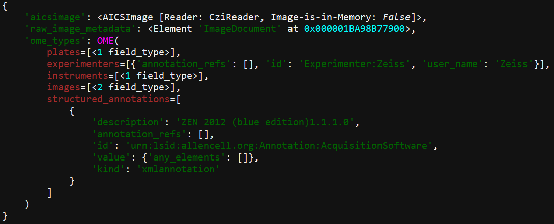 Screenshot of metadata printed to Napari's  console