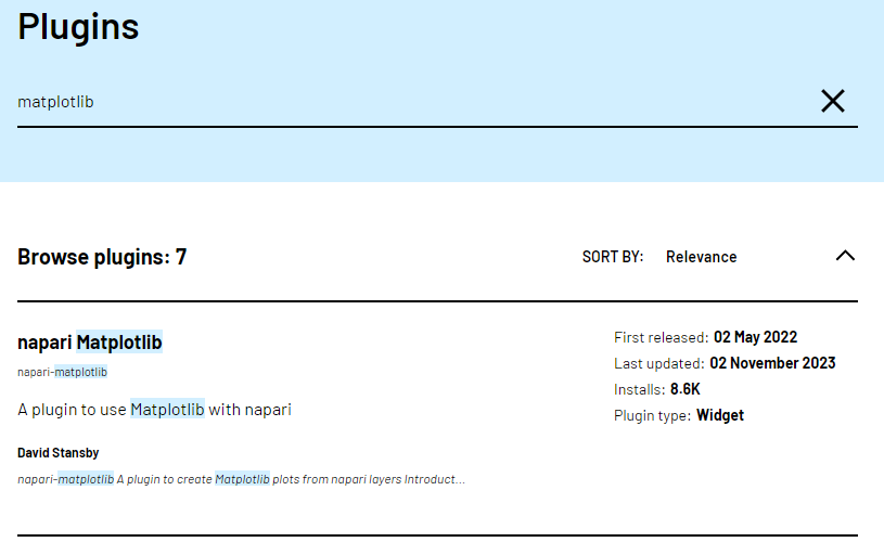 Screenshot of searching 'matplotlib' on napari hub