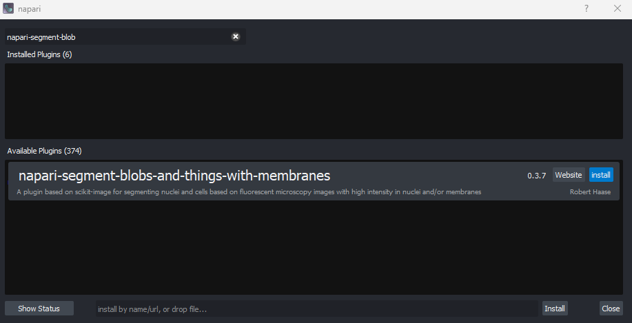 Screenshot of plugin  installation window for napari-segment-blobs-and-things-with-membranes