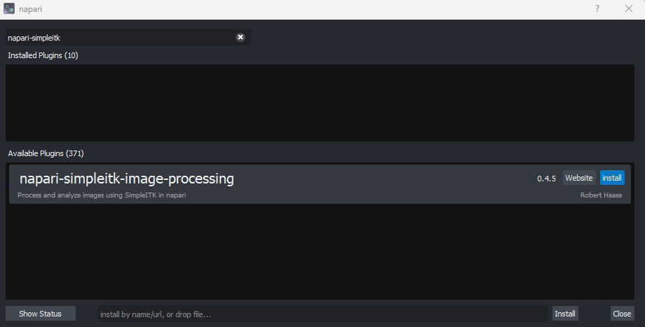 Screenshot of plugin  installation window for napari-simpleitk-image-processing
