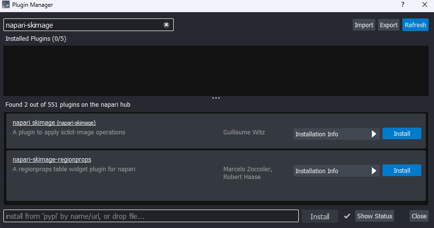 Screenshot of plugin installation window for napari-skimage