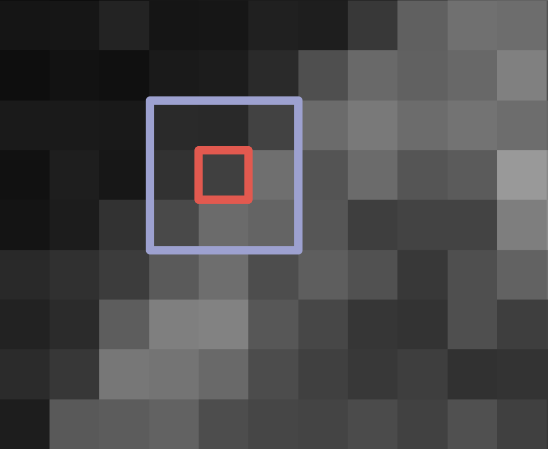 Small zoomed-in area of the nucleus image  with a pixel highlighted in red. Around this pixel is shown a  3x3 box.