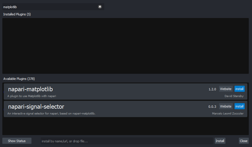 Screenshot of plugin installation window in Napari