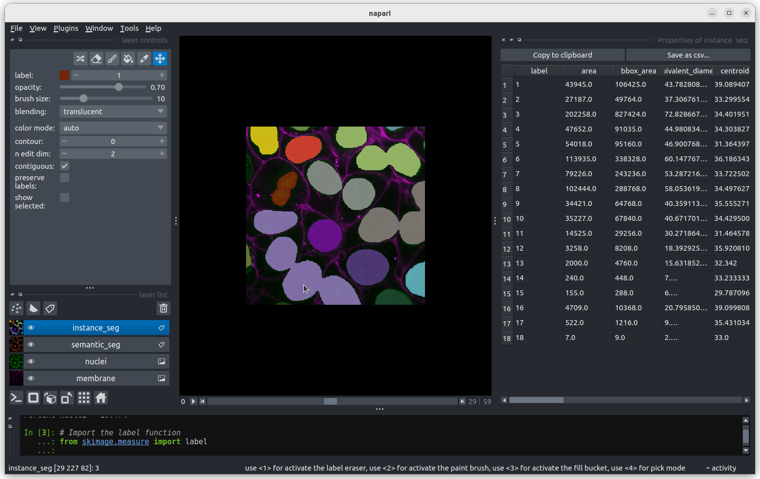 A screenshot of the region-props dialog highlighting the largest nucleus.