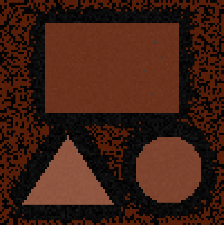 Mask of shapes (brown) overlaid on shapes image - made with Sauvola thresholding