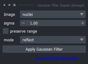 Screenshot of settings for gaussian blur in  Napari
