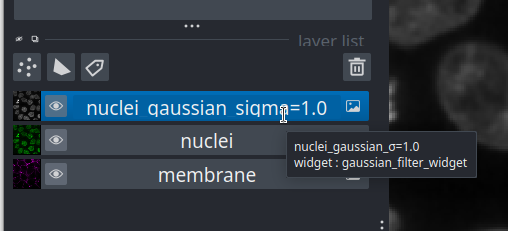 The mouse cursor hovers over a napari image layer named nuclei_gaussian_sigma=1.0.
