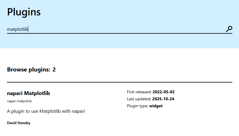 Screenshot of searching 'matplotlib' on napari hub